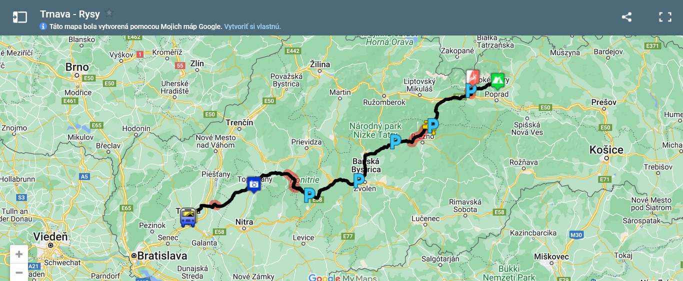 Mapa trasy Trnava – Rysy